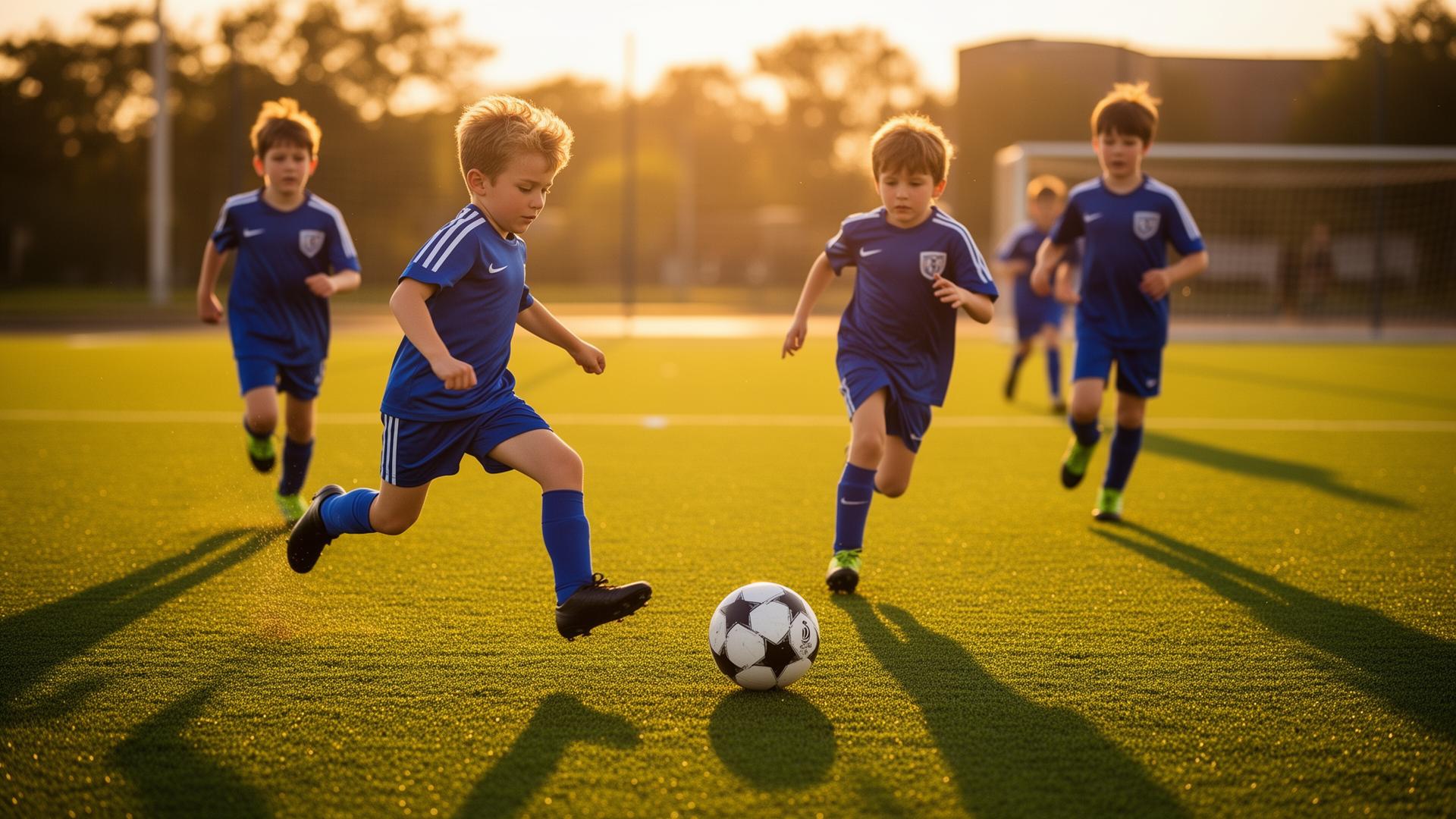 Young soccer players training at golden hour